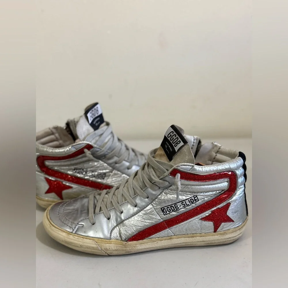 Golden Goose Silver High-Top Sneakers with Cream Soles